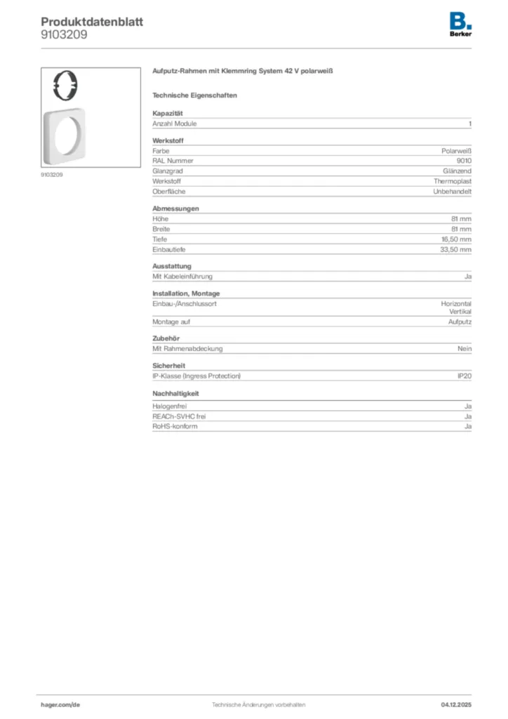 Bild Berker Produktdatenblatt 9103209 | Hager Deutschland