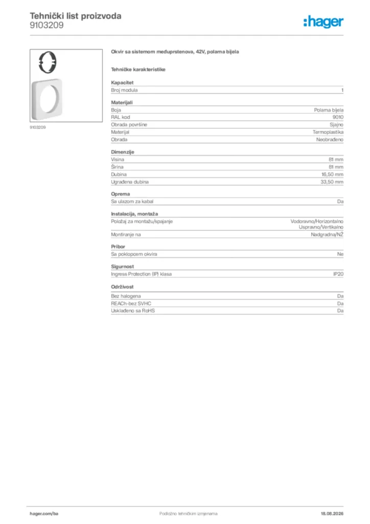Slika Hager Tehnički list proizvoda 9103209  | Hager