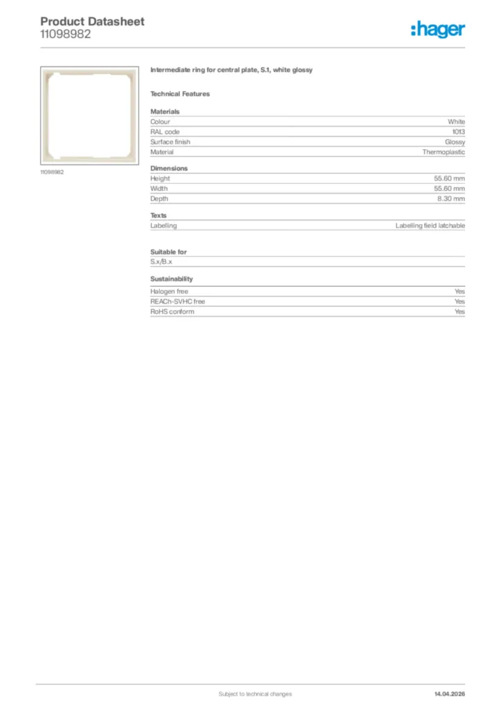Image Hager Product data sheet 11098982  | Hager Africa