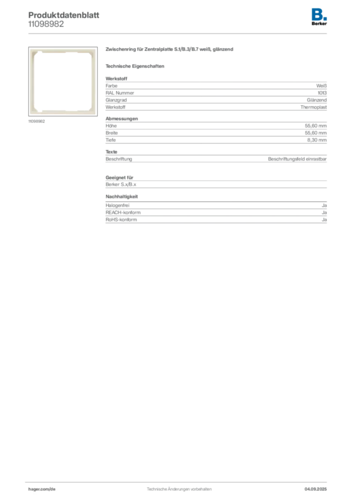 Bild Berker Produktdatenblatt 11098982 | Hager Deutschland