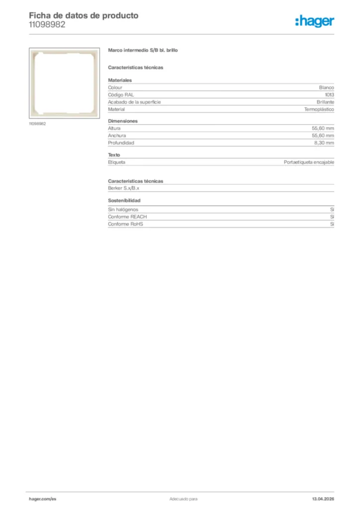 Imagen Hager Ficha de datos de producto 11098982 | Hager España