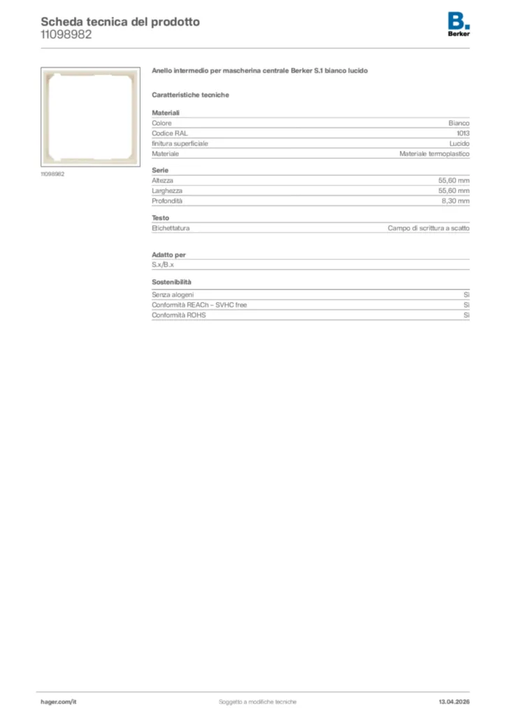 Immagine Berker Scheda tecnica del prodotto 11098982 | Hager Italia