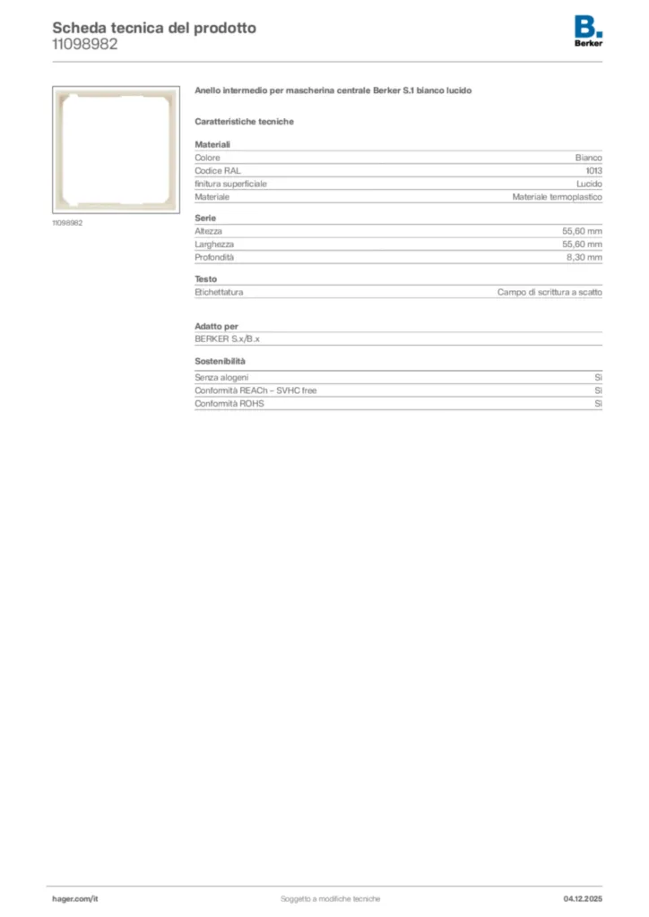 Immagine Berker Scheda tecnica del prodotto 11098982 | Hager Italia