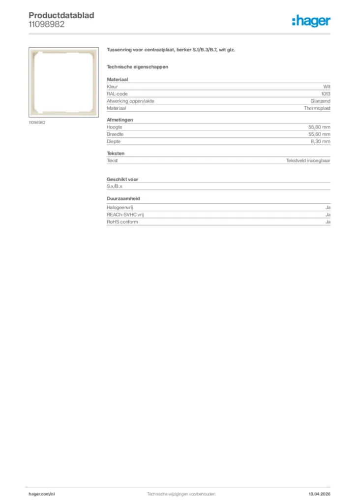 Afbeelding Hager Productdatablad 11098982 | Hager Nederland