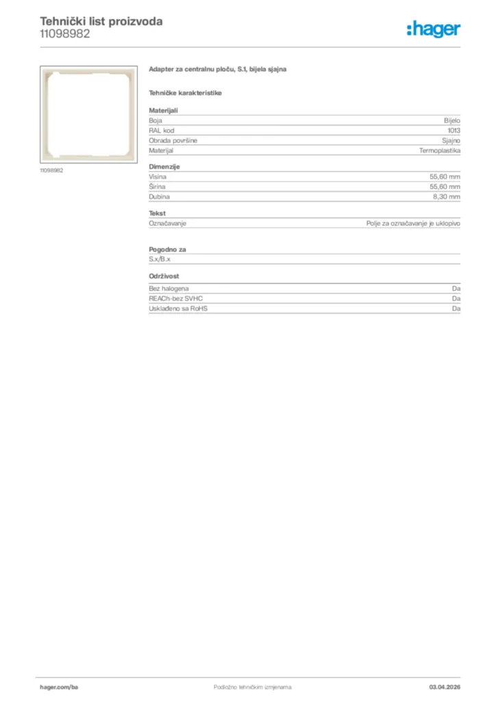 Slika Hager Tehnički list proizvoda 11098982  | Hager