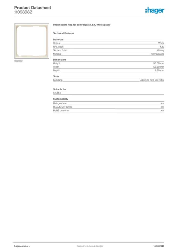 Image Hager Product data sheet 11098982  | Hager