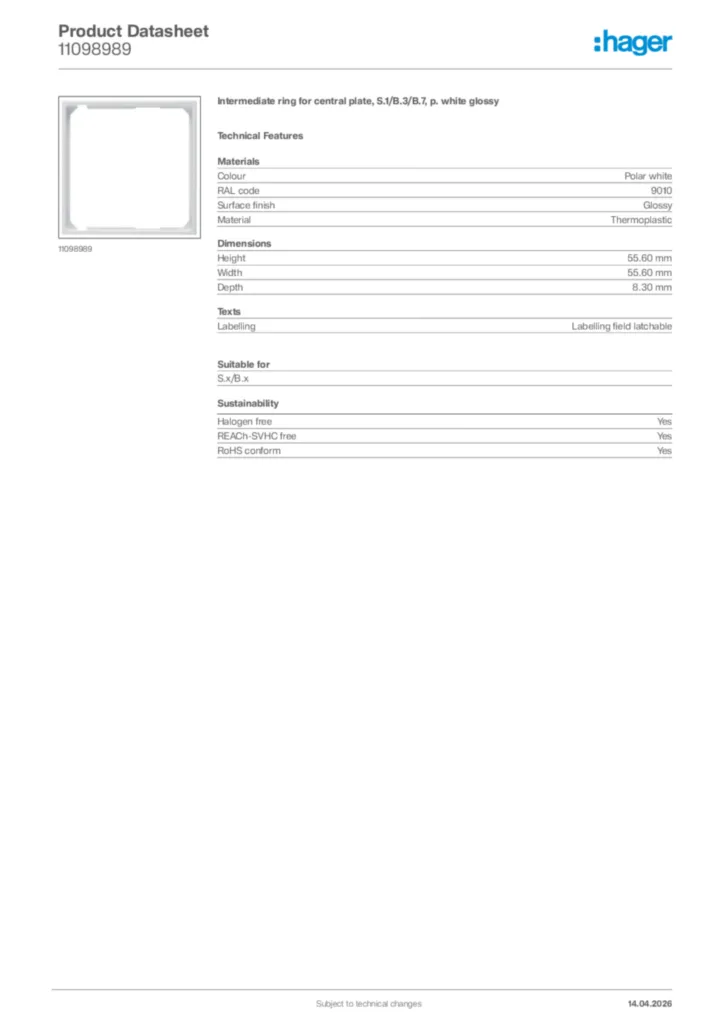 Image Hager Product data sheet 11098989  | Hager Africa