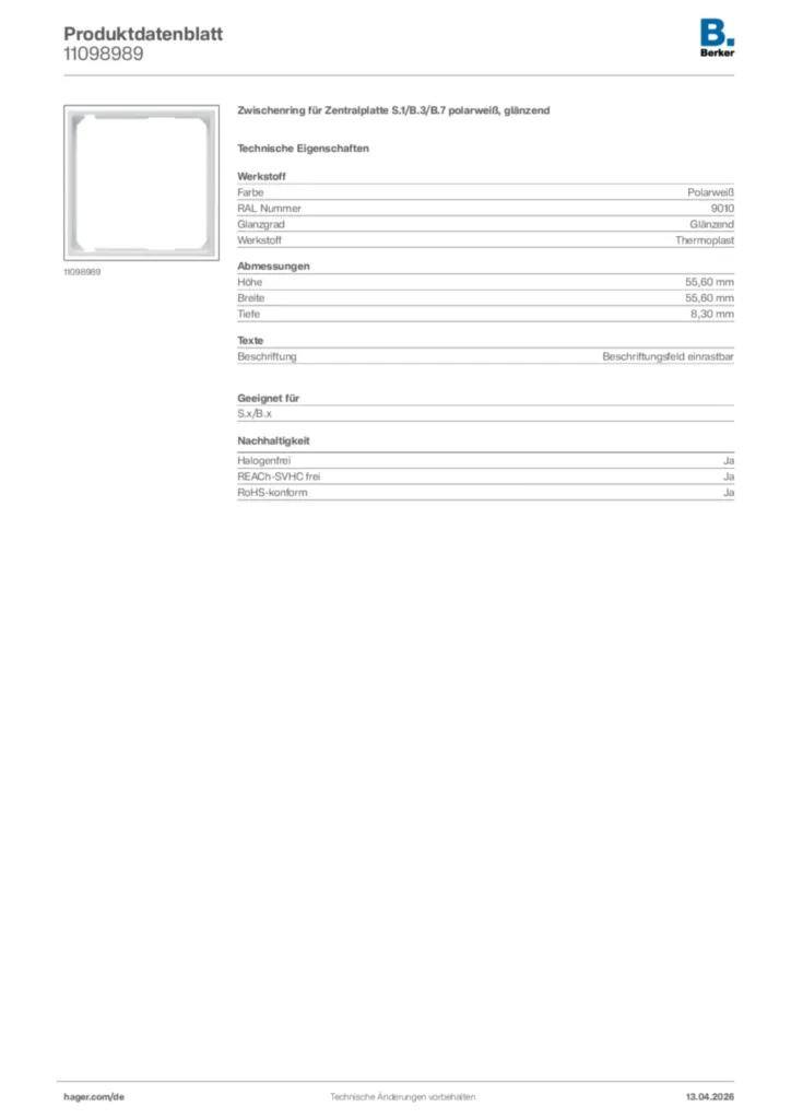 Bild Berker Produktdatenblatt 11098989 | Hager Deutschland