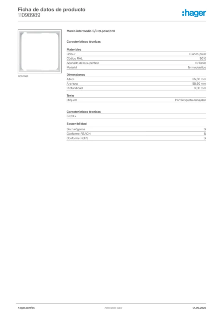 Imagen Hager Ficha de datos de producto 11098989 | Hager España