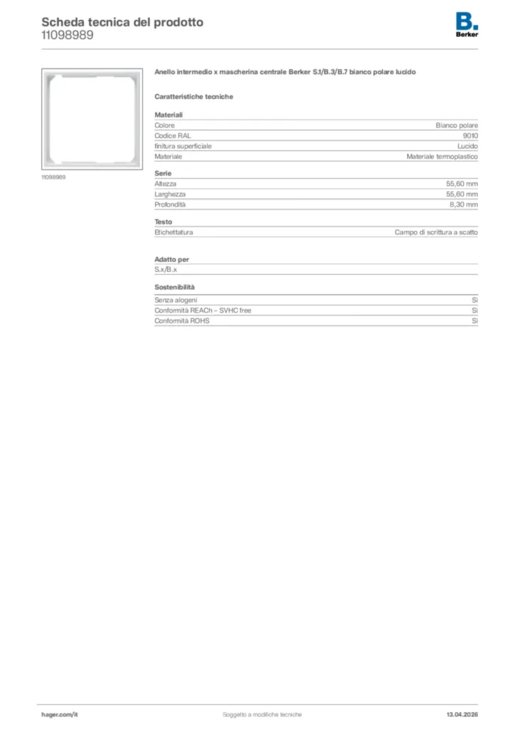 Immagine Berker Scheda tecnica del prodotto 11098989 | Hager Italia