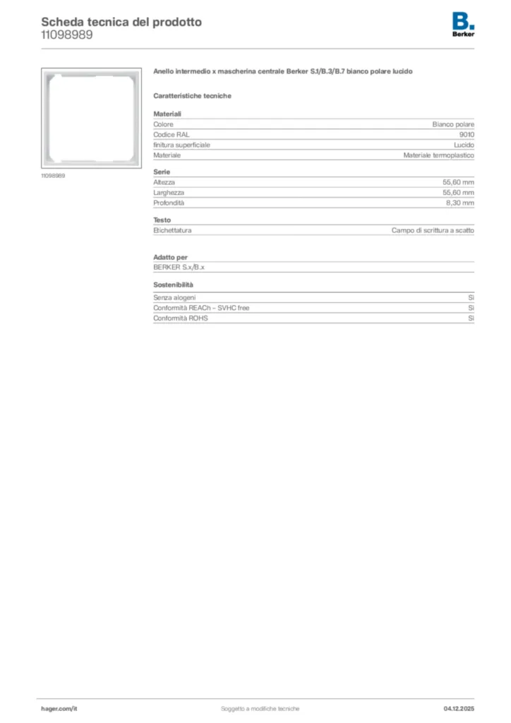 Immagine Berker Scheda tecnica del prodotto 11098989 | Hager Italia