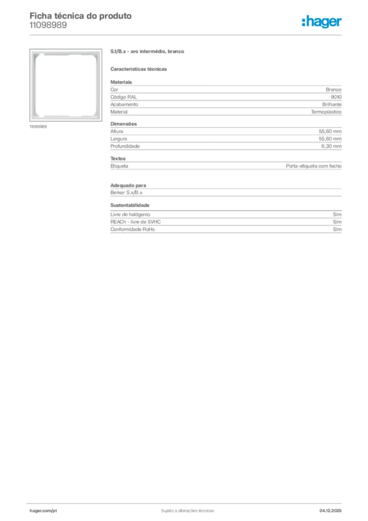 Imagem Hager Ficha técnica do produto 11098989 | Hager Portugal
