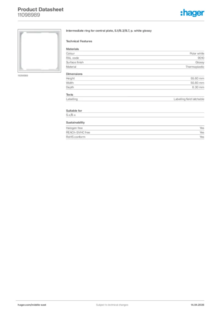 Image Hager Product data sheet 11098989  | Hager