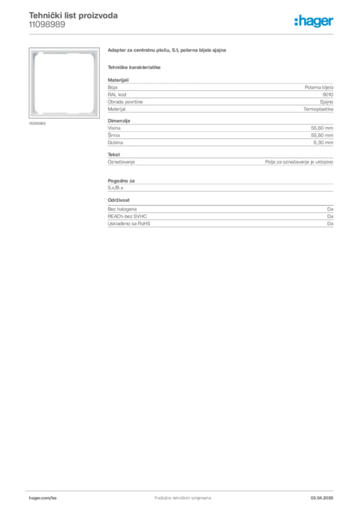 Slika Hager Tehnički list proizvoda 11098989  | Hager