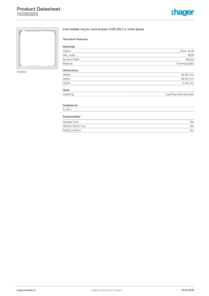 Image Hager Product data sheet 11098989  | Hager