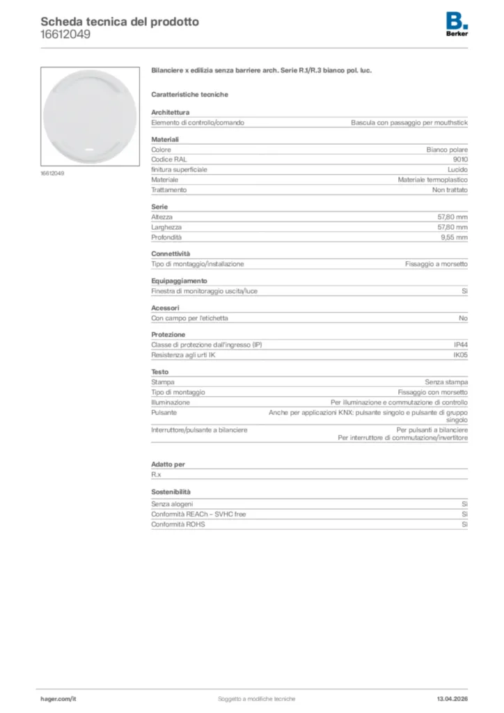 Immagine Berker Scheda tecnica del prodotto 16612049 | Hager Italia