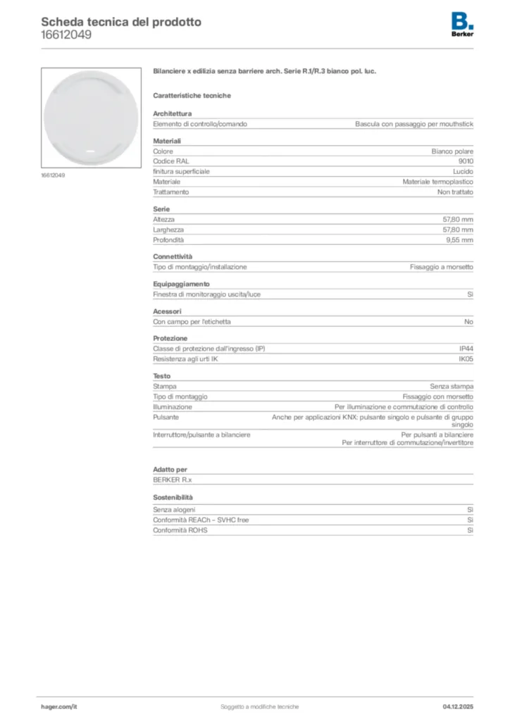 Immagine Berker Scheda tecnica del prodotto 16612049 | Hager Italia