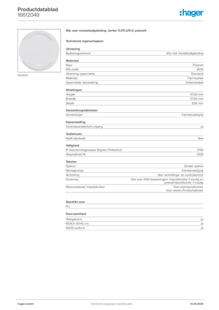 Afbeelding Hager Productdatablad 16612049 | Hager Nederland