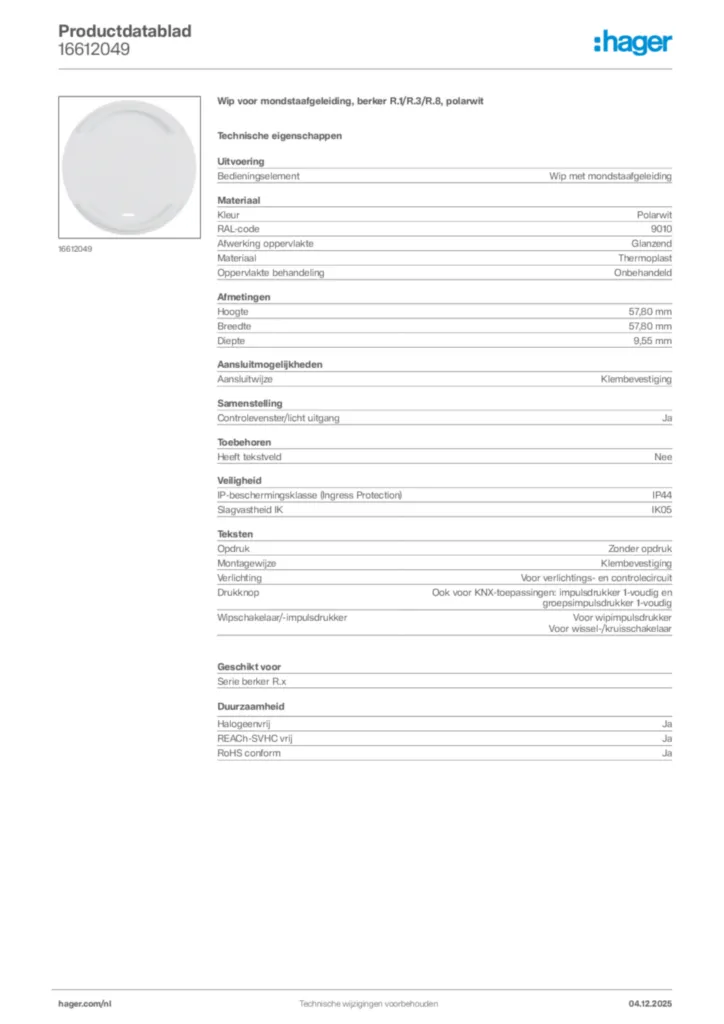 Afbeelding Hager Productdatablad 16612049 | Hager Nederland