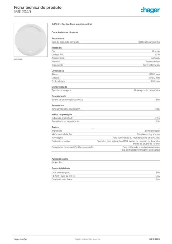 Imagem Hager Ficha técnica do produto 16612049 | Hager Portugal