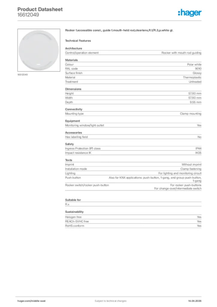Image Hager Product data sheet 16612049  | Hager