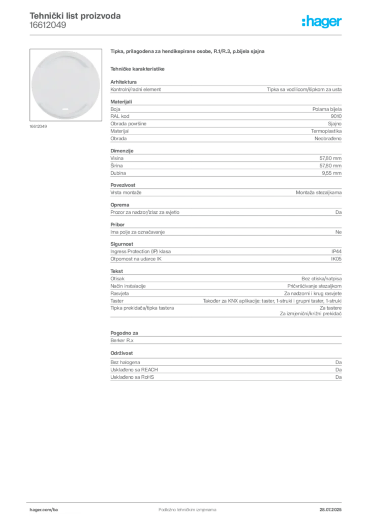 Slika Hager Product data sheet 16612049  | Hager