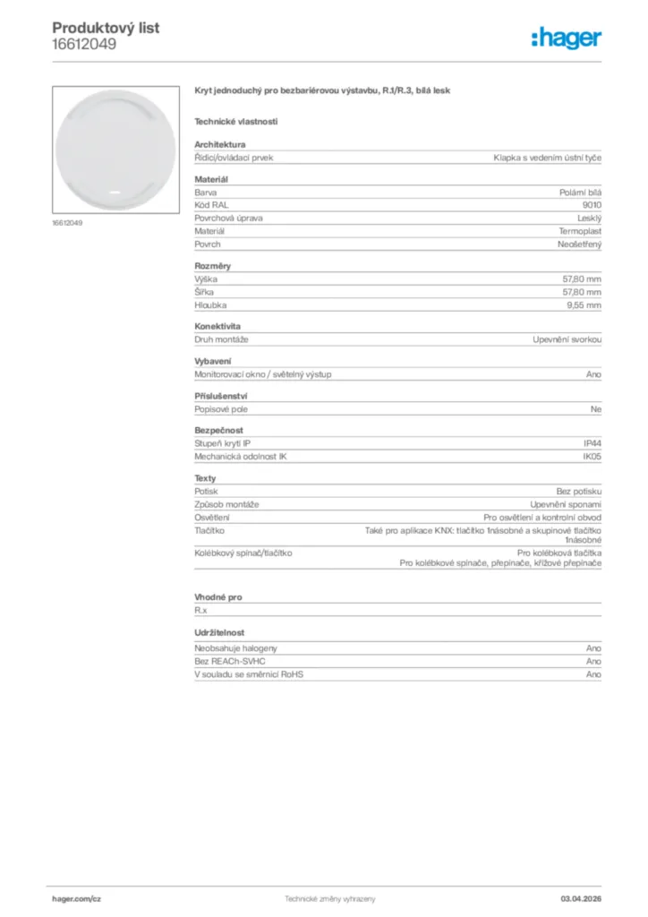 Obrázek Hager Product data sheet 16612049 | Hager