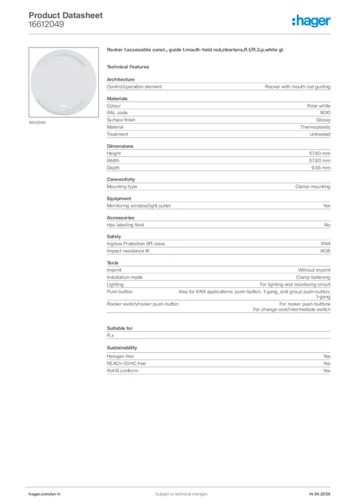 Image Hager Product data sheet 16612049  | Hager