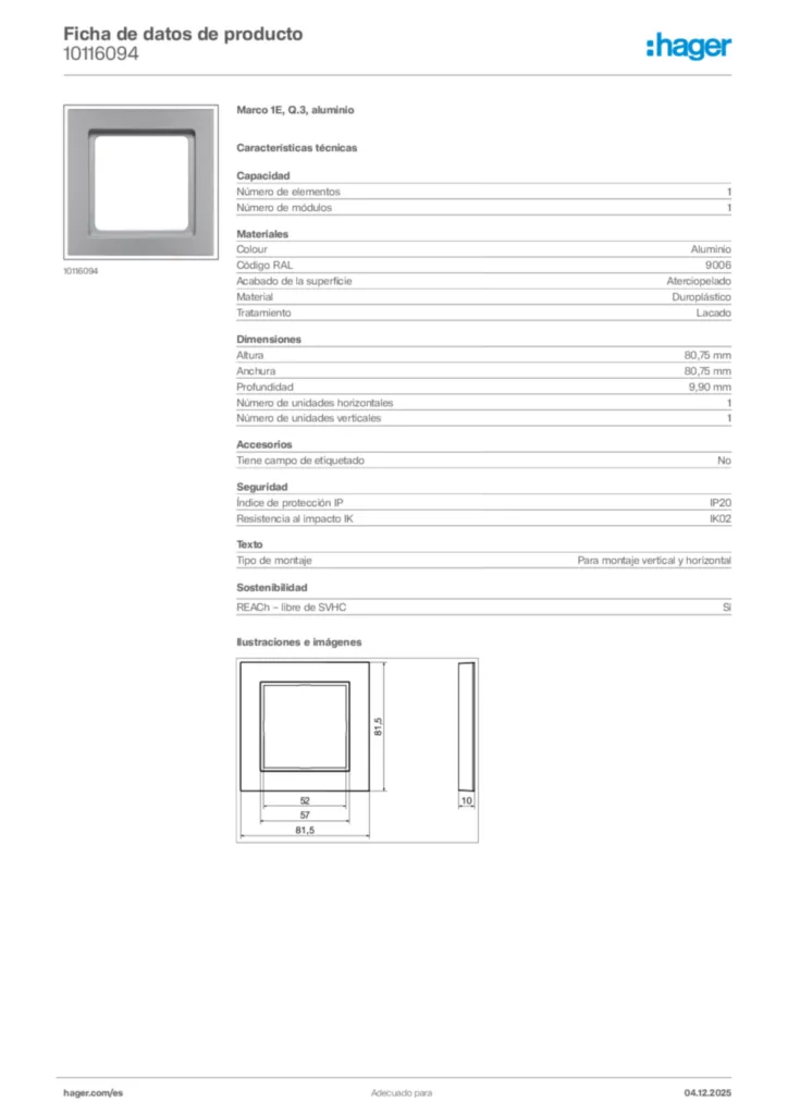 Imagen Hager Ficha de datos de producto 10116094 | Hager España
