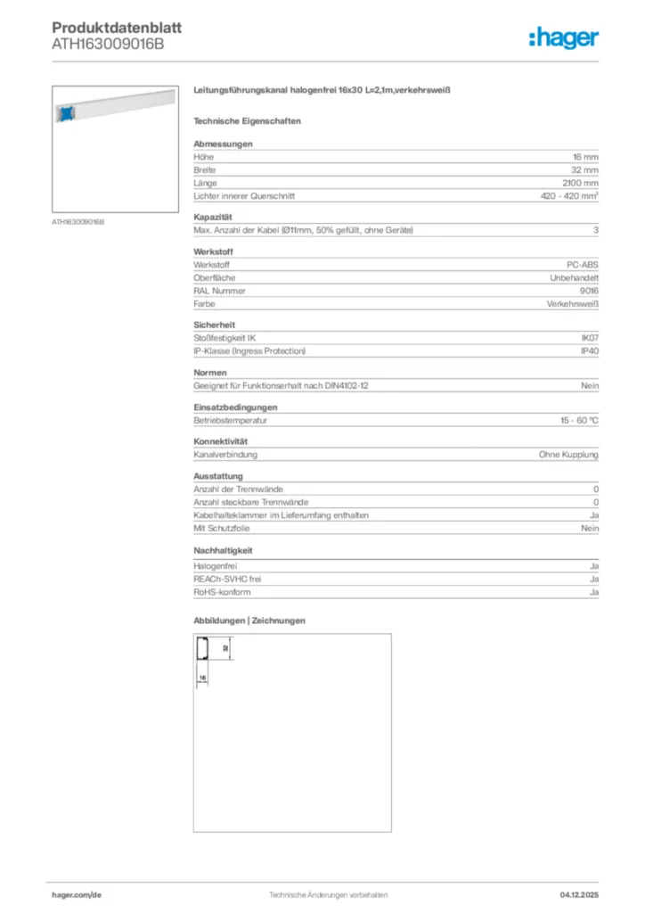 Hager Produktdatenblatt ATH163009016B