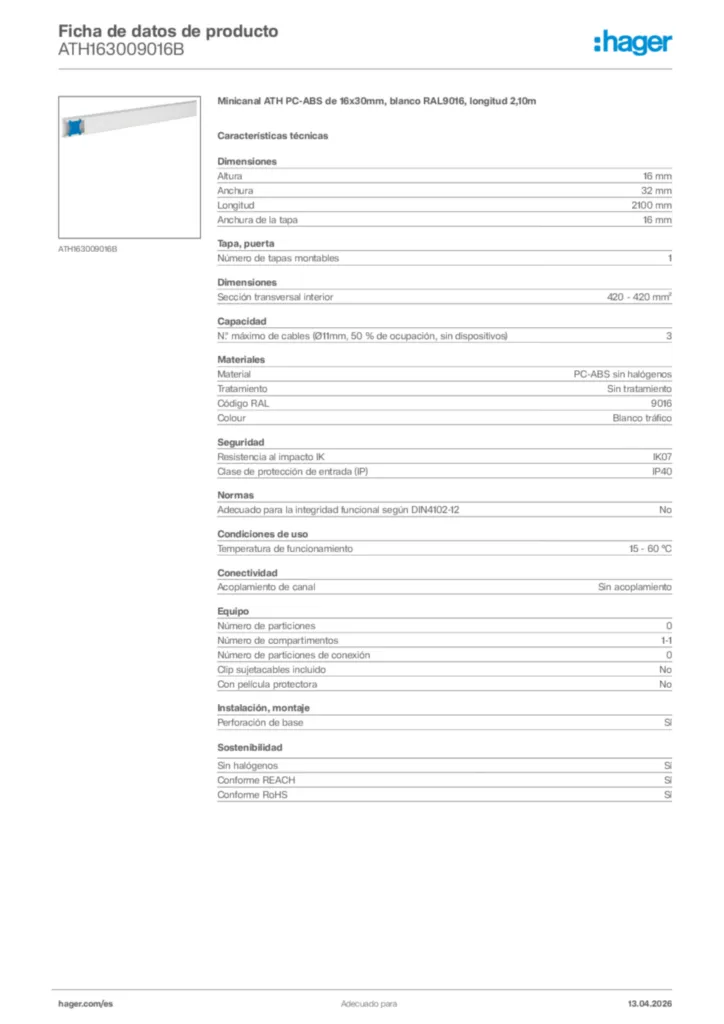 Imagen Hager Ficha de datos de producto ATH163009016B | Hager España
