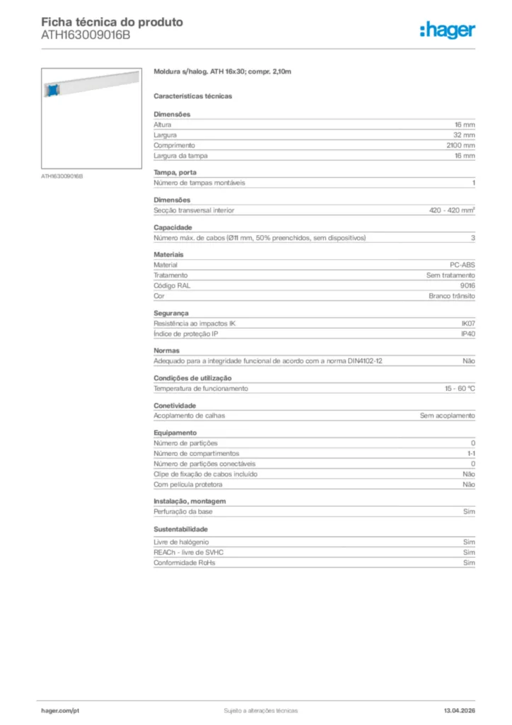 Imagem Hager Ficha técnica do produto ATH163009016B | Hager Portugal