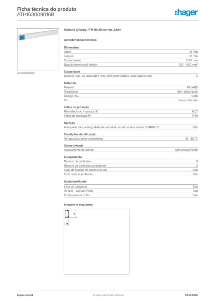 Imagem Hager Ficha técnica do produto ATH163009016B | Hager Portugal