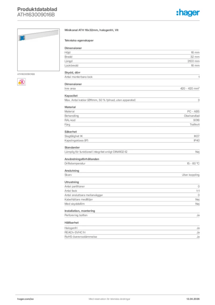Bild Hager Produktdatablad ATH163009016B | Hager Sverige