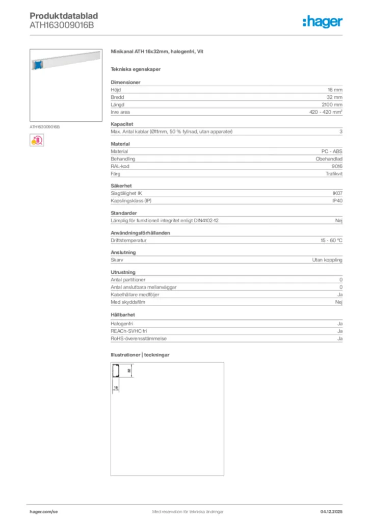 Bild Hager Produktdatablad ATH163009016B | Hager Sverige