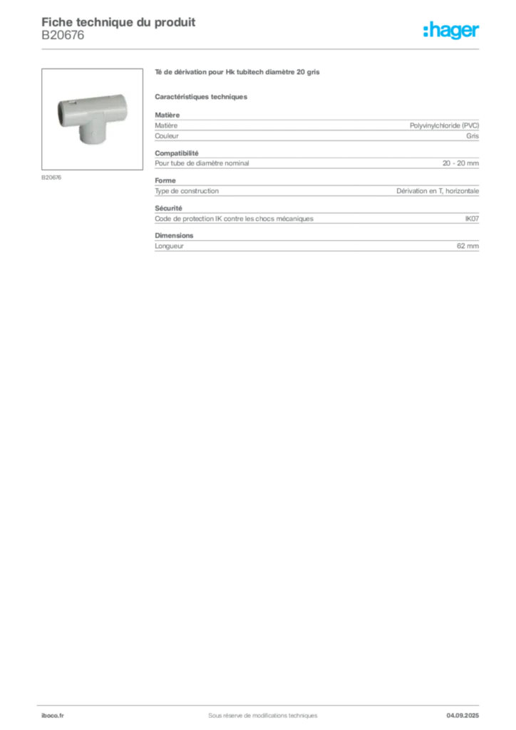 Image Iboco Fiche technique du produit B20676 | Hager France