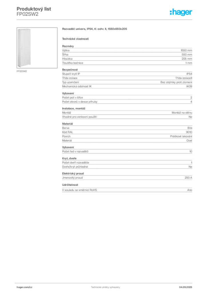 Obrázek Hager Produktový list FP02SW2 | Hager
