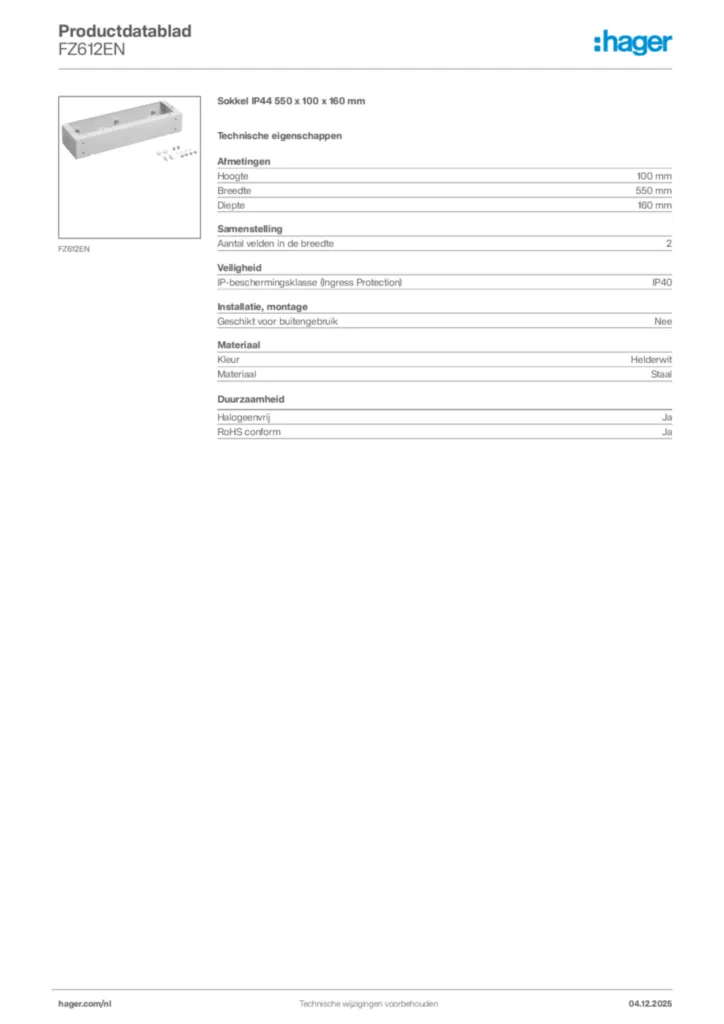 Afbeelding Hager Productdatablad FZ612EN | Hager Nederland