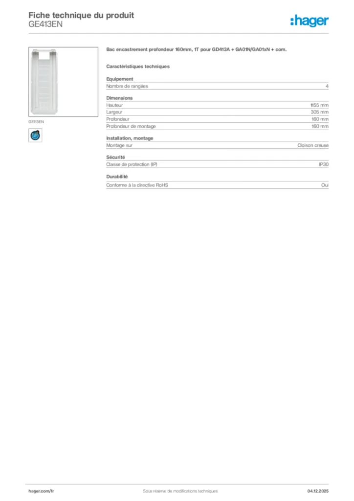 Image Hager Fiche technique du produit GE413EN | Hager France