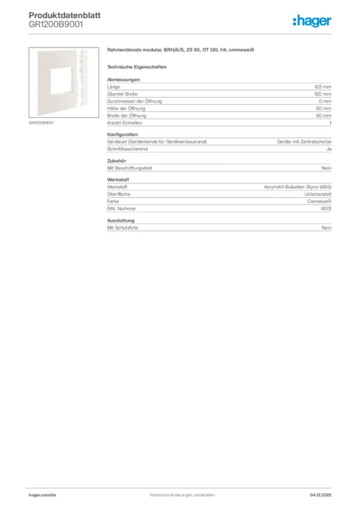 Bild Hager Produktdatenblatt GR1200B9001 | Hager Deutschland