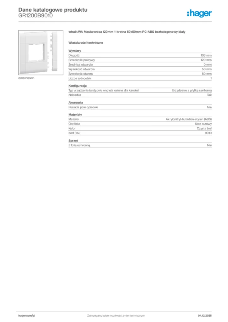 Zdjęcie Hager Karta katalogowa GR1200B9010 | Hager Polska