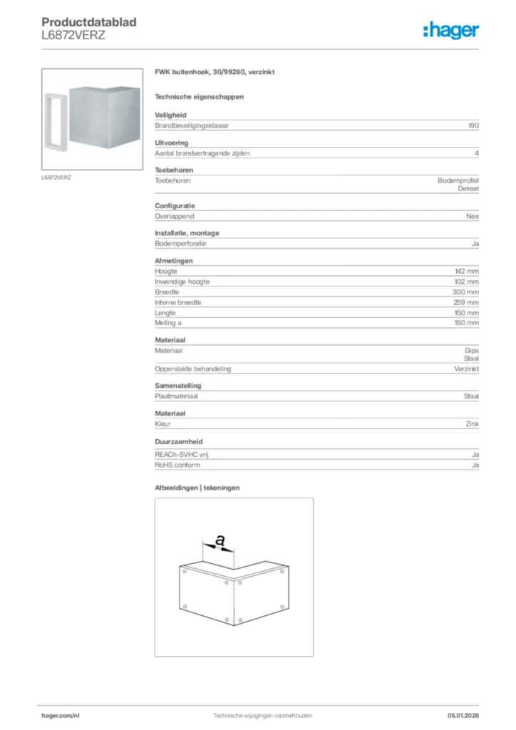 Afbeelding Hager Productdatablad L6872VERZ | Hager Nederland