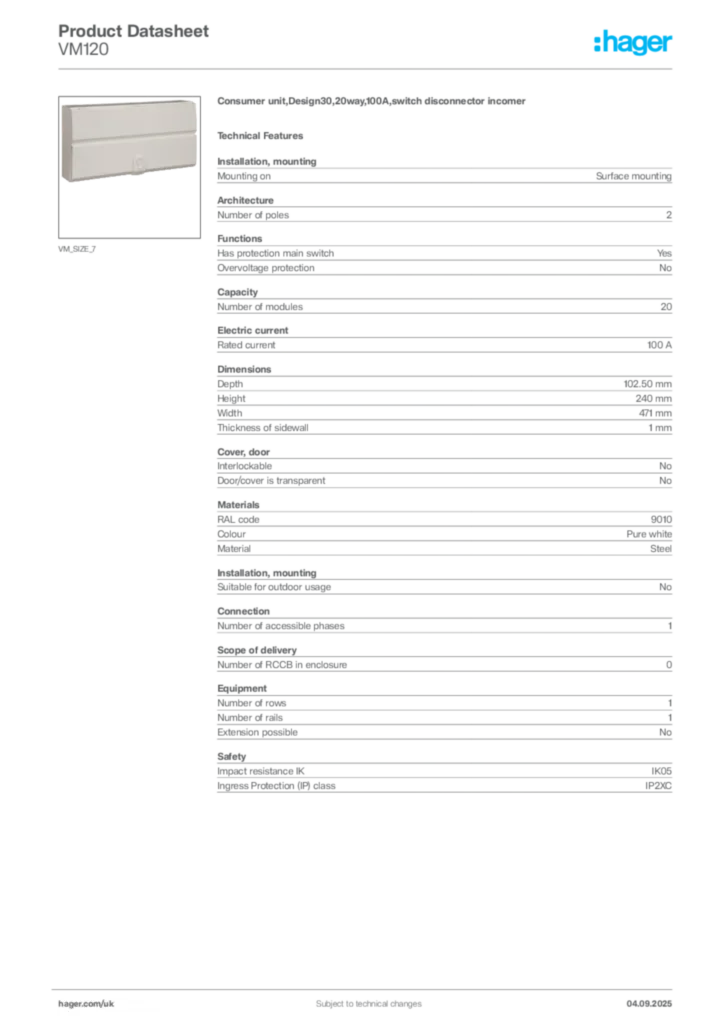 Image Hager Product data sheet VM120  | Hager