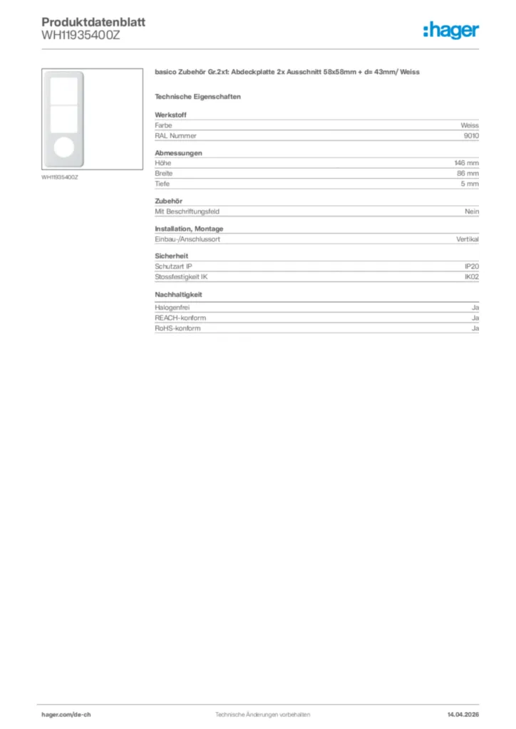 Bild Hager Produktdatenblatt WH11935400Z | Hager Schweiz