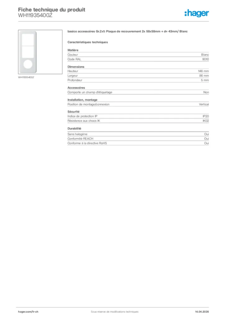 Image Hager Fiche technique du produit WH11935400Z | Hager Suisse