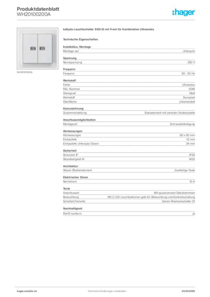 Bild Hager Produktdatenblatt WH20100200A | Hager Schweiz