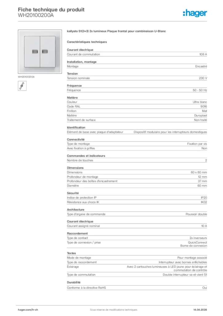Image Hager Fiche technique du produit WH20100200A | Hager Suisse
