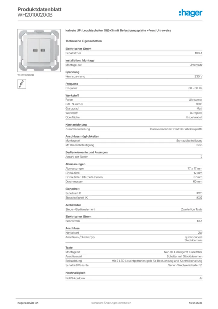 Bild Hager Produktdatenblatt WH20100200B | Hager Schweiz