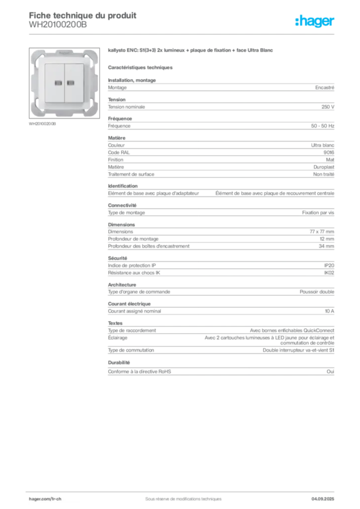 Image Hager Fiche technique du produit WH20100200B | Hager Suisse