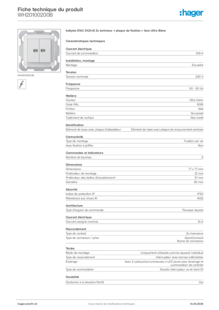 Image Hager Fiche technique du produit WH20100200B | Hager Suisse